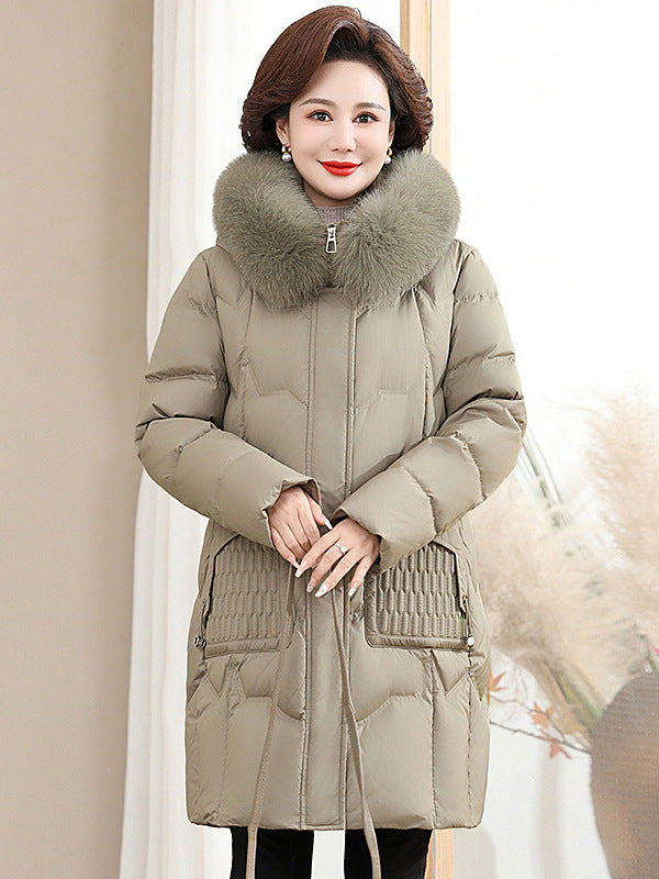 2025 down Jacket for Moms, Mid-Length Winter Coat for Middle-Aged and Elderly Women, 90% Duck Down, Thickened with Real Fur Collar, Extra Warm