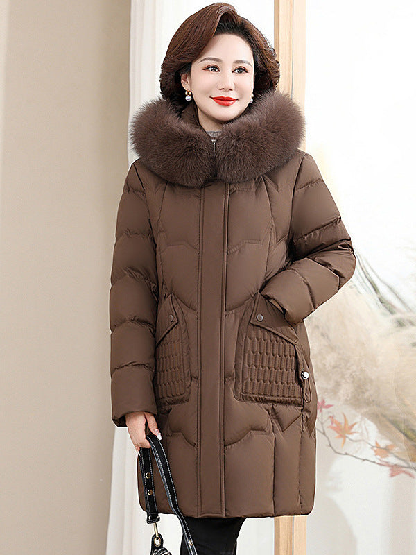 2025 down Jacket for Moms, Mid-Length Winter Coat for Middle-Aged and Elderly Women, 90% Duck Down, Thickened with Real Fur Collar, Extra Warm