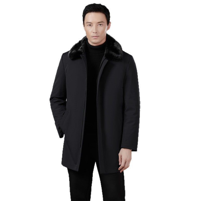 Winter Luxury Men Coat with Mink Fur Collar, Gold Mink Lining, Casual Middle-Aged Dad Jacket Coat