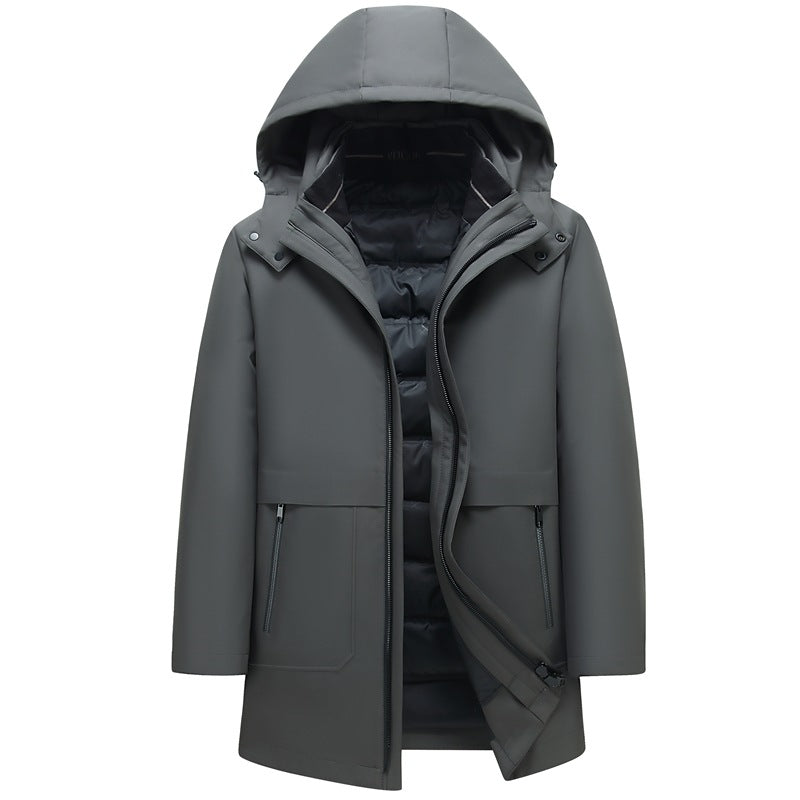 Men's Mid-length Solid Color Simple Warm Hooded Top Winter Windproof Casual White Goose Velvet Middle-aged Jacket