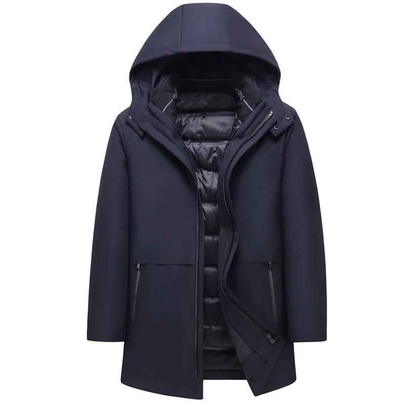 Men's Mid-length Solid Color Simple Warm Hooded Top Winter Windproof Casual White Goose Velvet Middle-aged Jacket