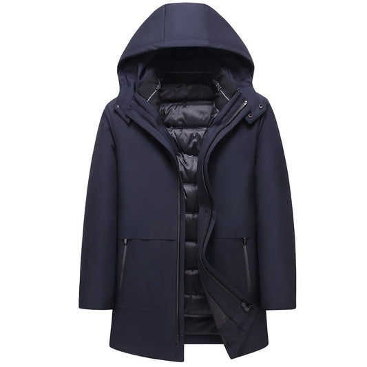 Men's Mid-length Solid Color Simple Warm Hooded Top Winter Windproof Casual White Goose Velvet Middle-aged Jacket