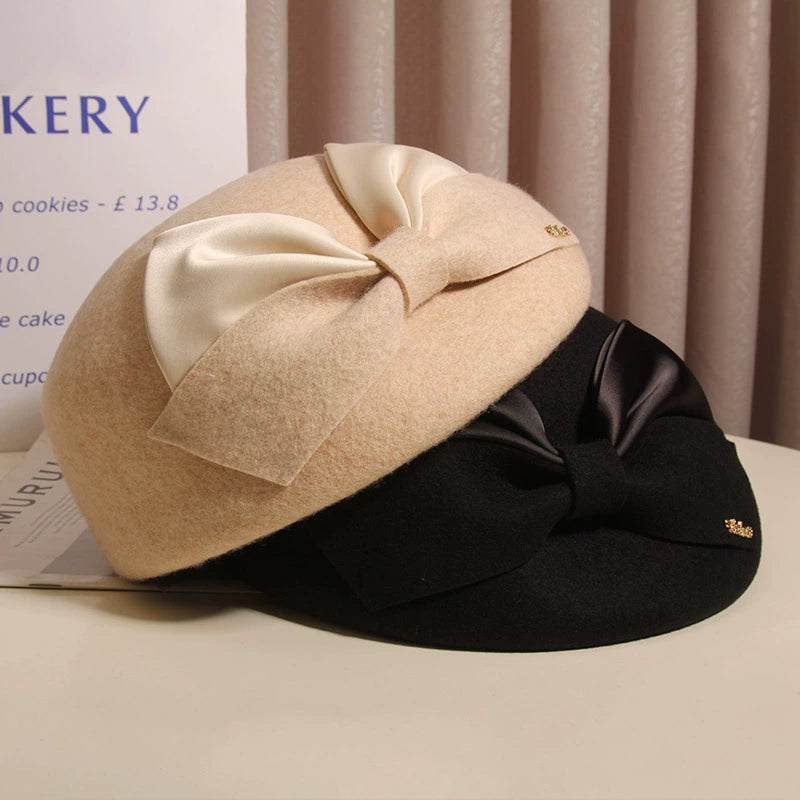Cherub Hat Women Autumn and Winter Elegant Bow Wool Beret British Style