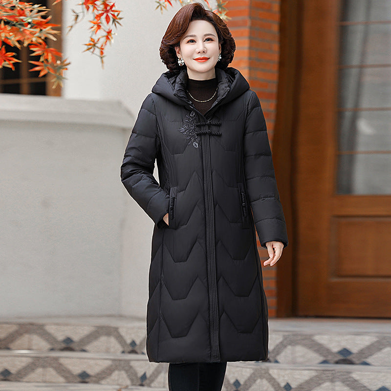 Trendy Middle Cherub Women's Long down Jacket for Petite Figures, Thickened and Warm, Fashionable Winter Coat for Moms, White Duck down Outerwear