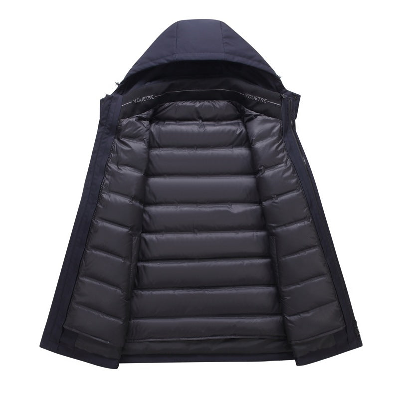 Men's Mid-length Solid Color Simple Warm Hooded Top Winter Windproof Casual White Goose Velvet Middle-aged Jacket