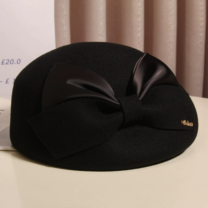 Cherub Hat Women Autumn and Winter Elegant Bow Wool Beret British Style