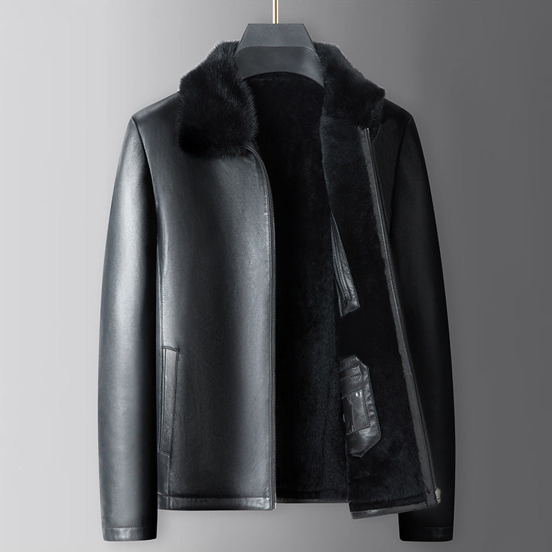 Imported Sheepskin Jacket for Middle-Aged Men with Mink Fur Lining, Wool Integrated Lapel, Short Leather Jacket, Mink Fur Coat