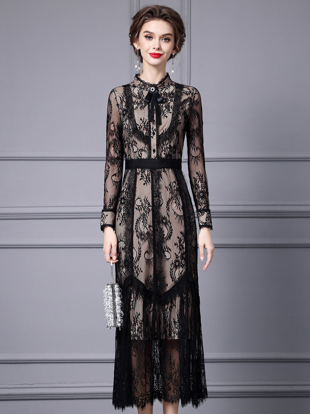 Zhili Spring Dress for Women, Long-Sleeved, High-End, Slimming, Age-Reducing, Lace Long Dress for Important Occasions, 2026 New Model