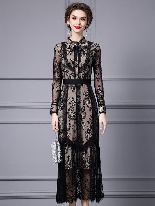 Zhili Spring Dress for Women, Long-Sleeved, High-End, Slimming, Age-Reducing, Lace Long Dress for Important Occasions, 2026 New Model