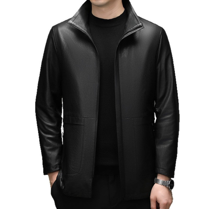 Men's Genuine Leather First-Layer Goatskin Leather Jacket Middle-Aged Stand-Up Collar Business Casual Leather Jacket Jacket Dad Top Men