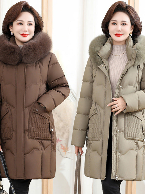 2025 down Jacket for Moms, Mid-Length Winter Coat for Middle-Aged and Elderly Women, 90% Duck Down, Thickened with Real Fur Collar, Extra Warm