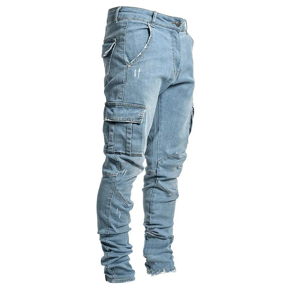 Urban Elastic Jeans Men Denim Cargo Pants Wash Solid Color Multi Pockets Casual Mid Waist Trousers Slim Fit Joggers