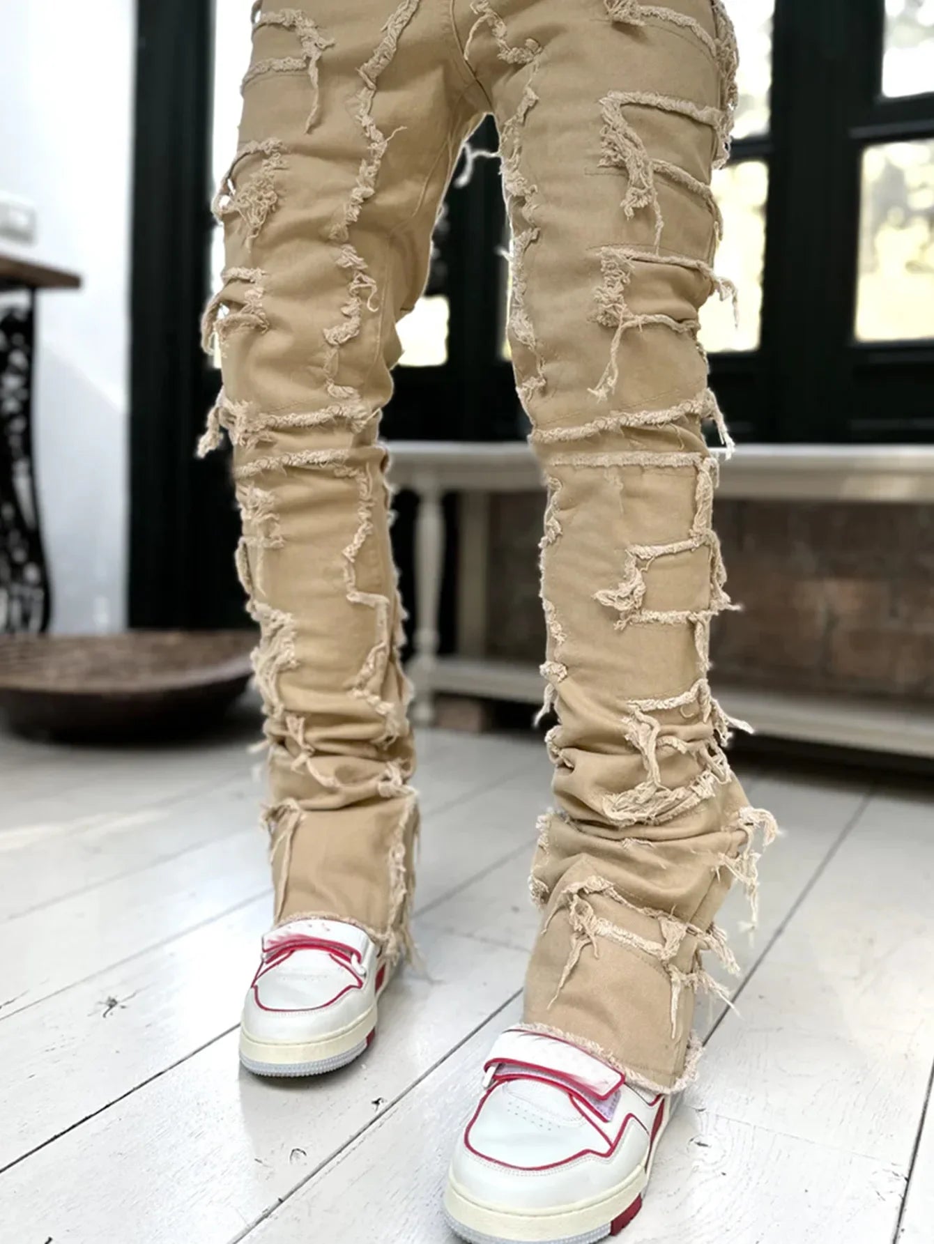 Urban Stacked Men's Regular Fit Jeans Ripped Slim Fit Patch Distressed Destroyed Straight Denim Pants Hip Hop Trouser Cloth