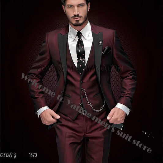 2024 New Men's Suit Wedding Tuxedo Groom Jacket Pants Vest Three-piece Set Elegant Men Blazer Wine Red Formal Outfit