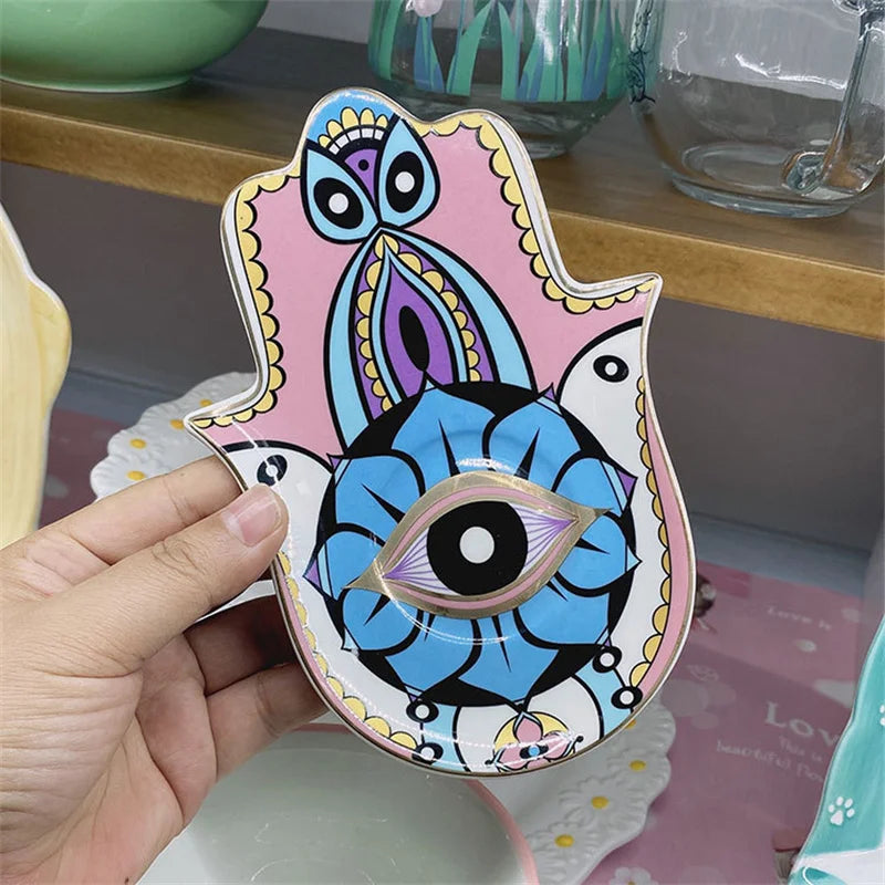 Ceramic Blue Evil Eye Hamsa Hand Jewelry Storage Tray Fatima Palm Lucky Decoration Desk Ornament Gothic Home Decorations Trinket