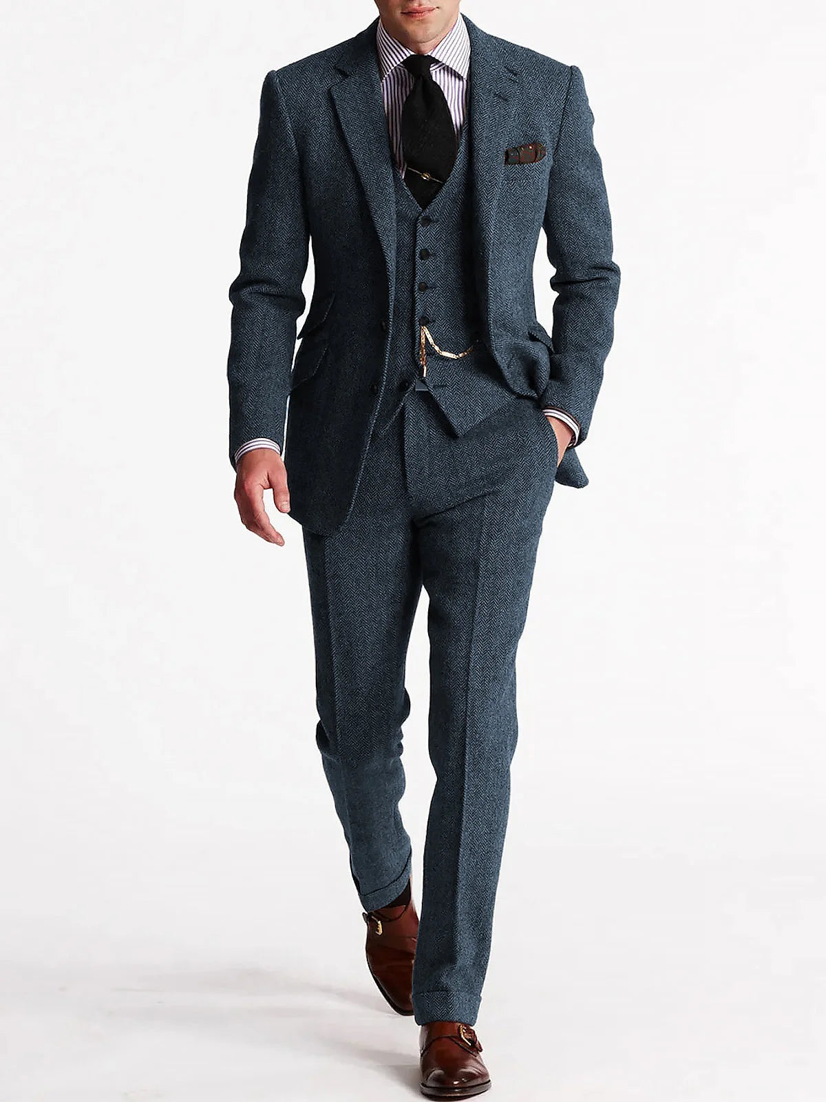 ANNIEBRITNEY Herringbone Tweed Suits for Men Slim Fit Tuxedo Man Suit Set Trajes De Hombre Anzug Herren Custom Made Men Suits
