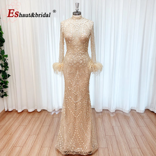 Elegant High Neck Muslim Evening Dress with Long Sleeves 3D Flower Detail for Women Formal Prom Wedding Party Gown Customized