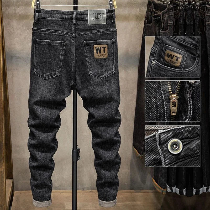 Elastic Slim Fit Men's Jeans High Waist Cotton Stretch Denim Autumn Winter Casual Long Pants Youth Fashion Trend