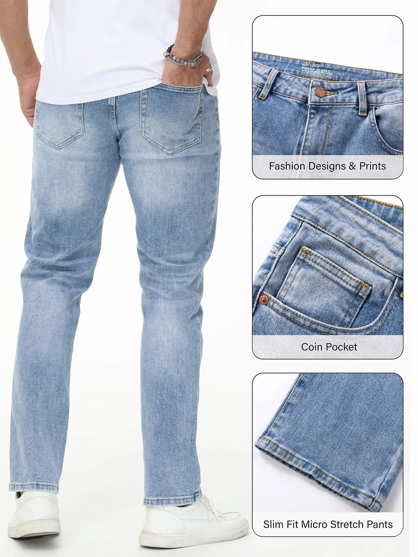Men's Slim Fit Stretch Denim Jeans - Vintage Light Blue Wash Comfortable & Breathable Casual Pants for Everyday Wear