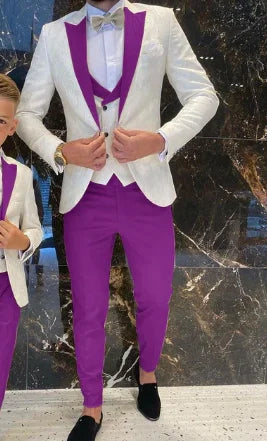 Father And Son Men Suits Groom Tuxedos 3 Pieces Cream White Floral Pattern Slim Fit Cocktail Party Business Suits Custom Made