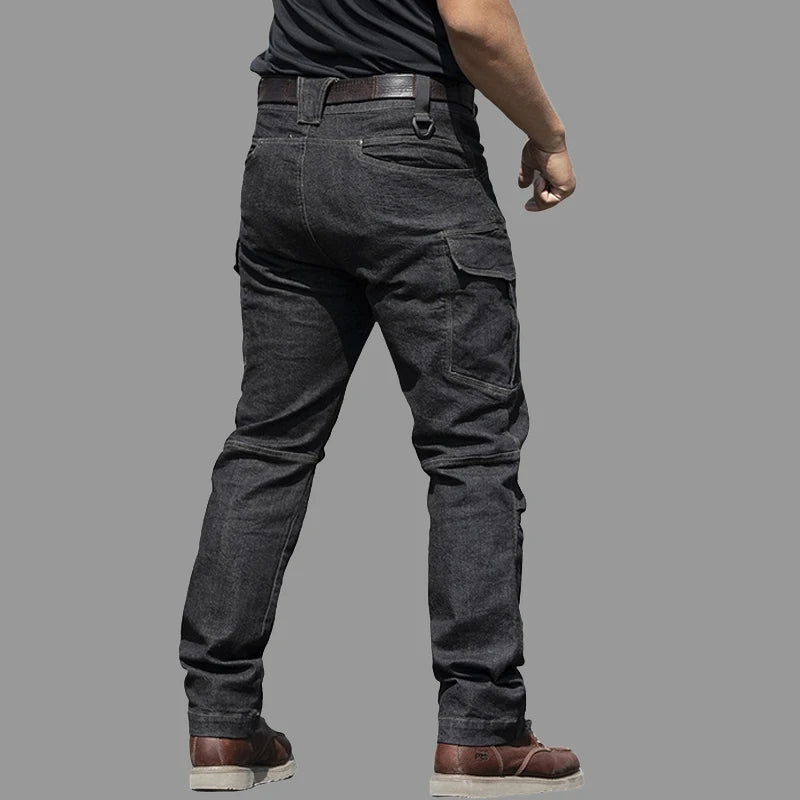 Men's Spring Combat Cargo Jeans Tactical Solid Long Trousers Casual Motorcycle Denim Biker Jeans Stretch Multi Pockets Pants