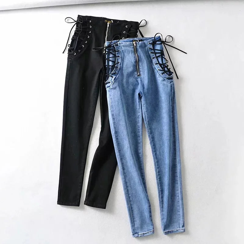 High elasticity Sexy Double Tied Rope jeans female feet 2020 autumn high waist slim pencil denim pants womens trousers jeans