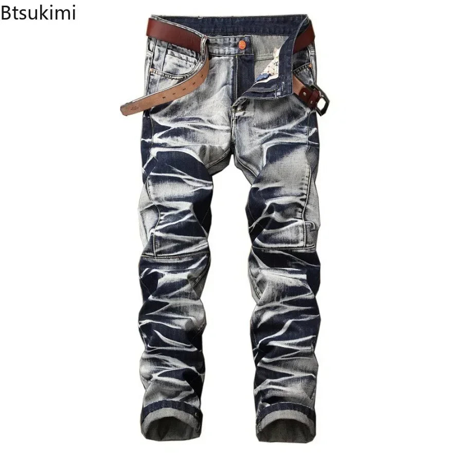 2026 Men's Fashion Vintage Jeans Slim Straight Leg Tie Dye Pleated Biker Denim Pants Male Casual Pants Oversized 42 High Quality