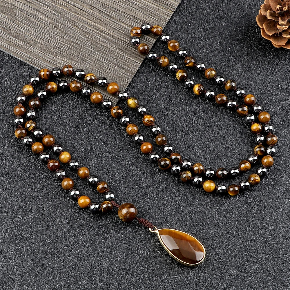 Men 108 Mala Beads Necklaces 6mm Natural Tiger Eye Stone Onyx Beads Prayer Necklace Drop Pendant Women Yoga Jewelry Gift