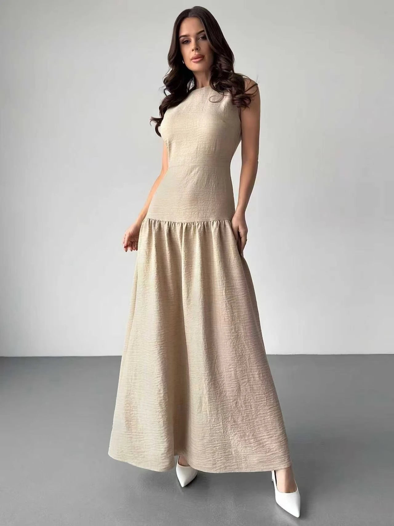 2025Ladies' elegant linen A-line cinched-waist long dress