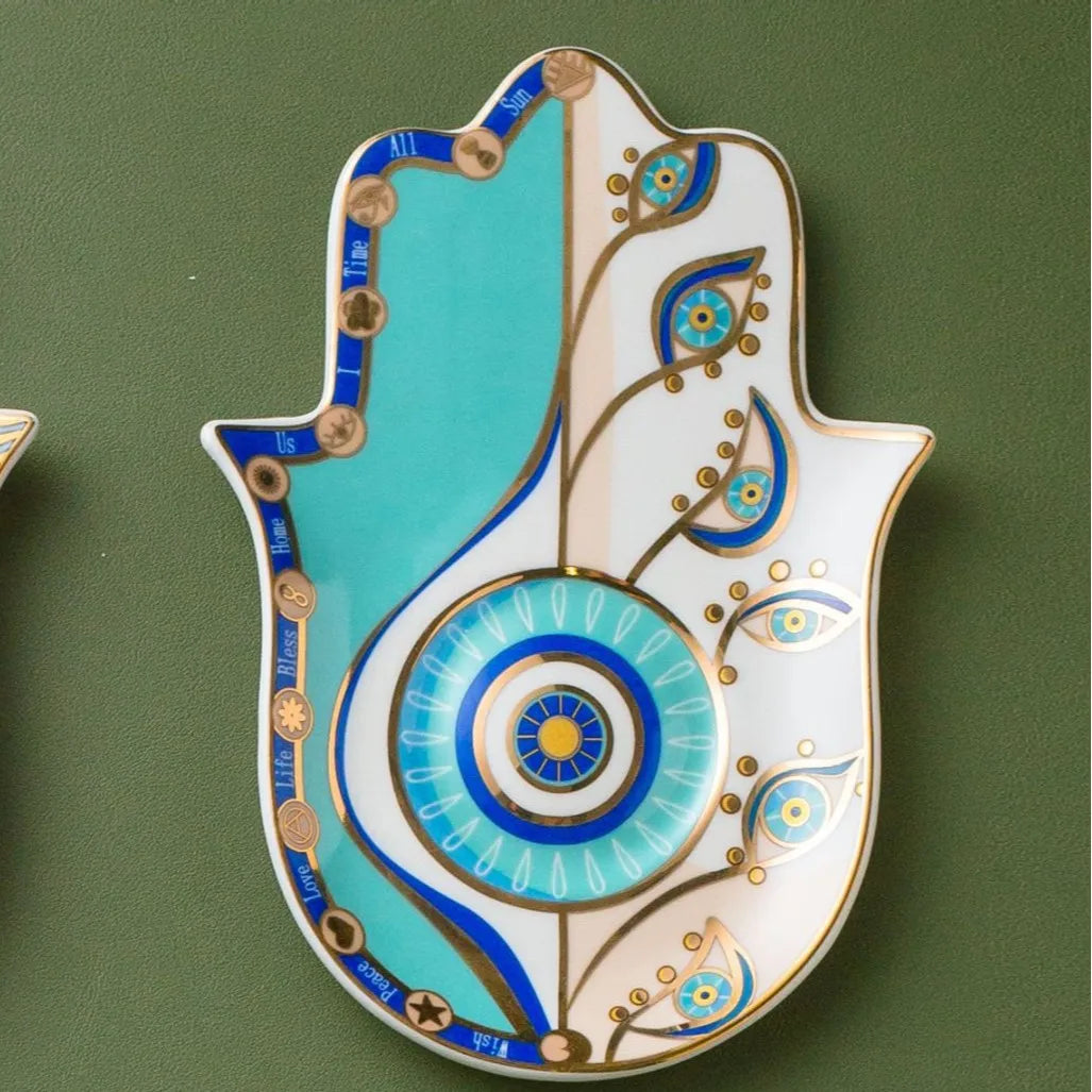 Ceramic Blue Evil Eye Hamsa Hand Jewelry Storage Tray Fatima Palm Lucky Decoration Desk Ornament Gothic Home Decorations Trinket