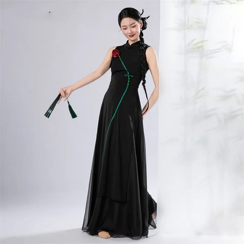 Cheongsam Dance Costume Chinese Traditional Folk National Dancer Performance Outfit Long Dress Rose Button WIde Leg Culottes