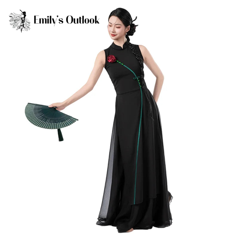 Cheongsam Dance Costume Chinese Traditional Folk National Dancer Performance Outfit Long Dress Rose Button WIde Leg Culottes