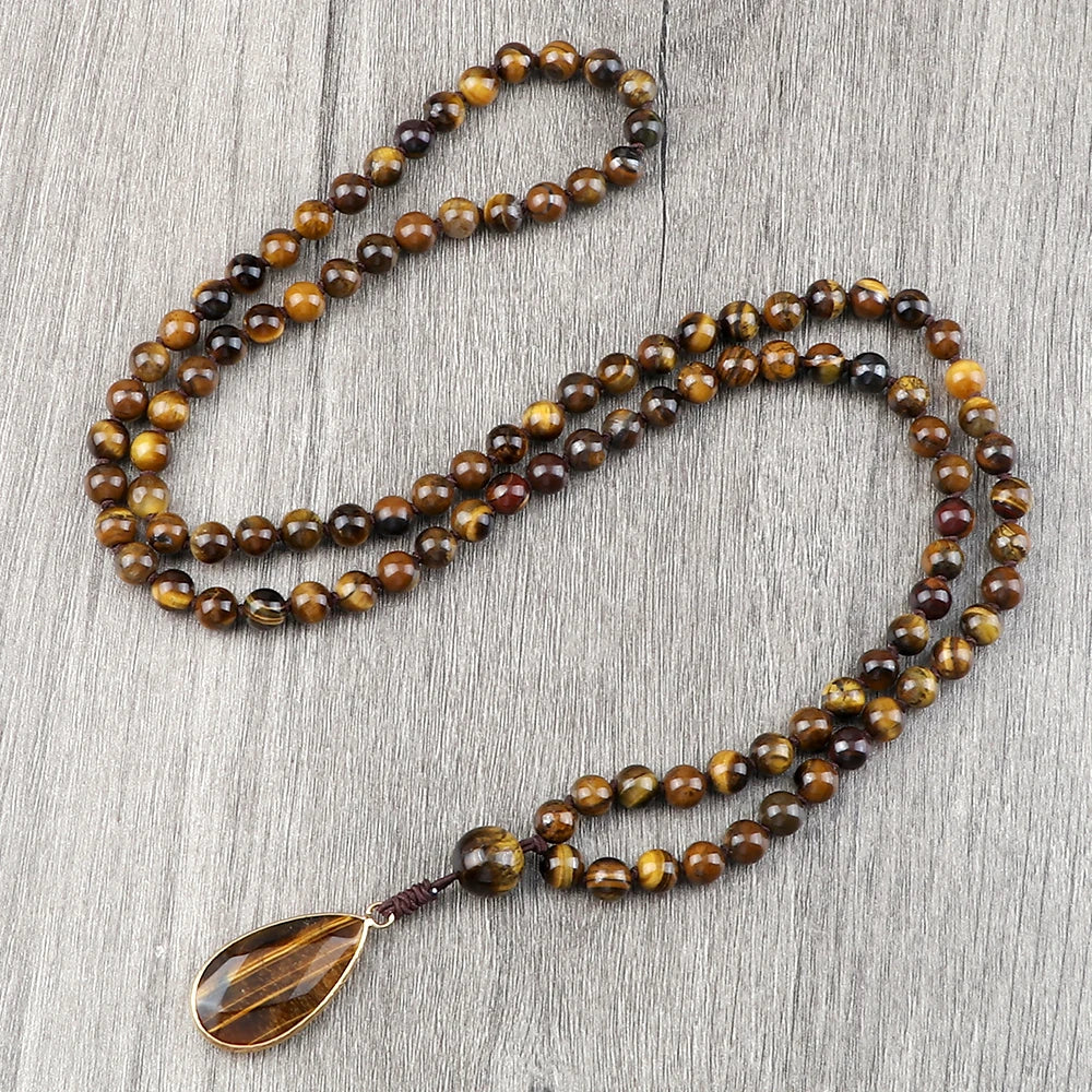 Men 108 Mala Beads Necklaces 6mm Natural Tiger Eye Stone Onyx Beads Prayer Necklace Drop Pendant Women Yoga Jewelry Gift