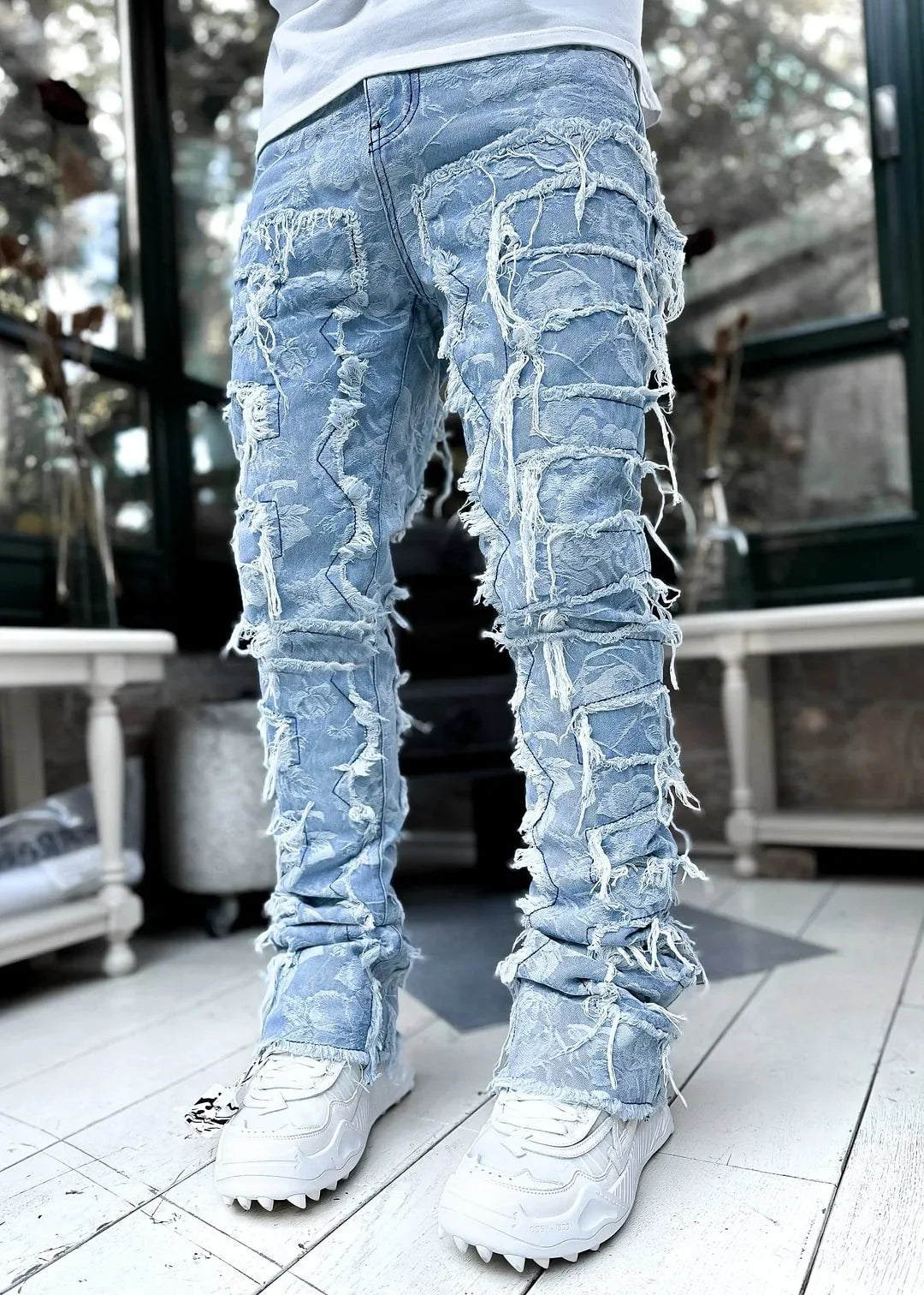 Urban Stacked Men's Regular Fit Jeans Ripped Slim Fit Patch Distressed Destroyed Straight Denim Pants Hip Hop Trouser Cloth