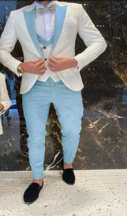 Father And Son Men Suits Groom Tuxedos 3 Pieces Cream White Floral Pattern Slim Fit Cocktail Party Business Suits Custom Made