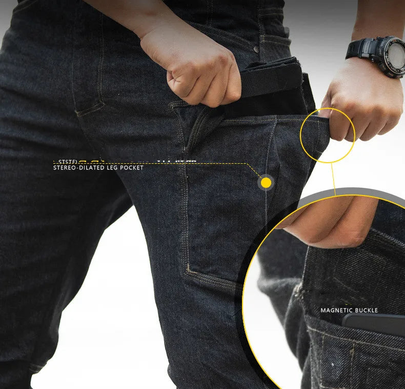 Men's Spring Combat Cargo Jeans Tactical Solid Long Trousers Casual Motorcycle Denim Biker Jeans Stretch Multi Pockets Pants