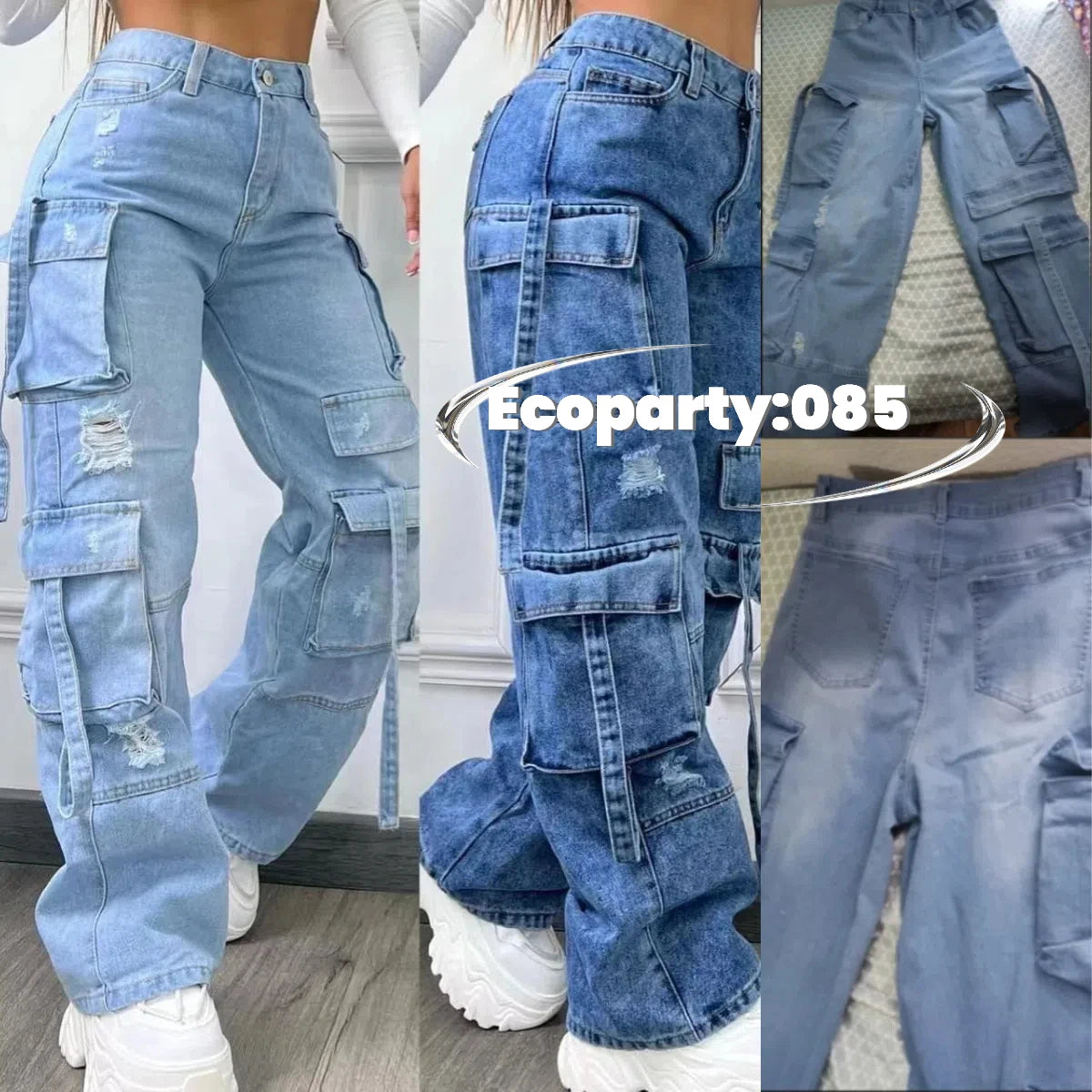 Fashionable Women Denim Trousers Solid Color Versatile Multi-pocket Casual Pants Large Size High Waist Jeans For Female 2025 New