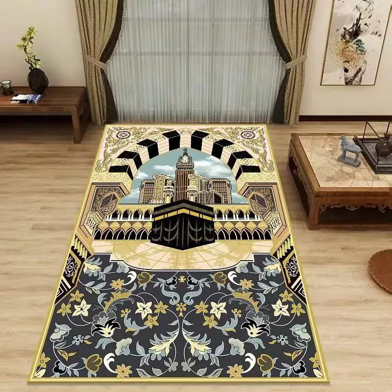 Mecca Kaaba Islamic Prayer Mat Gold Blue Arabesque Pattern Carpet Rug for Muslim Worship Home Decoration Rugs Living Room
