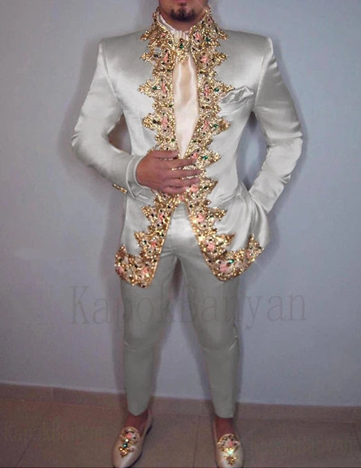 Men Suit 4K Two Piece (Jacket+Pants+Belt) Italian Stand Collar Slim Fit Wedding Suit for Men Custom Made /Embroidery Print Suit