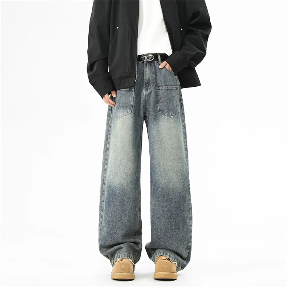 Wide-leg Retro Washed Denim Pants for Men Streetwear Jeans Man Fashionable Loose Straight-leg Jean Pants for All Four Seasons