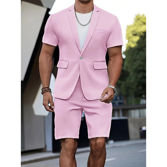 Cherub men Suit Summer Casual Suit 2 Piece Short Sleeve Suit Blazer 5 Inch Dress Shorts for Outdoor Beach Weddings Casual Occasions