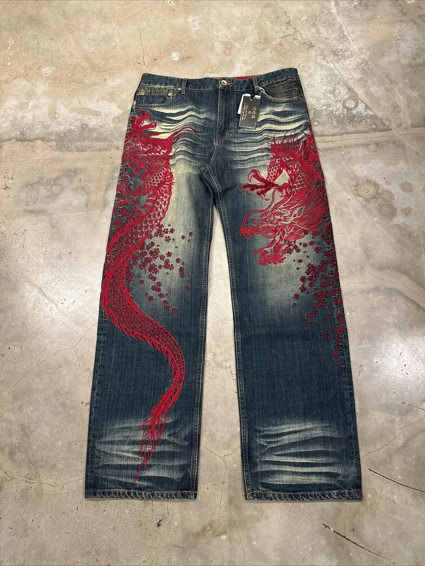 Harajuku Japanese Jeans Mens New Dragon High Quality Jeans  Vintage Hip Hop Urban Denim Fabric Wide Leg pants