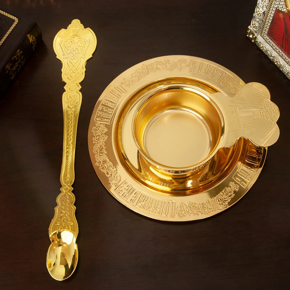 HTISOK New 2026 Eastern Orthodox Holy Oil Ritual Supplies Gold Plated Metal Utensils Corpus Christi Plates Mass Supplies SetGift