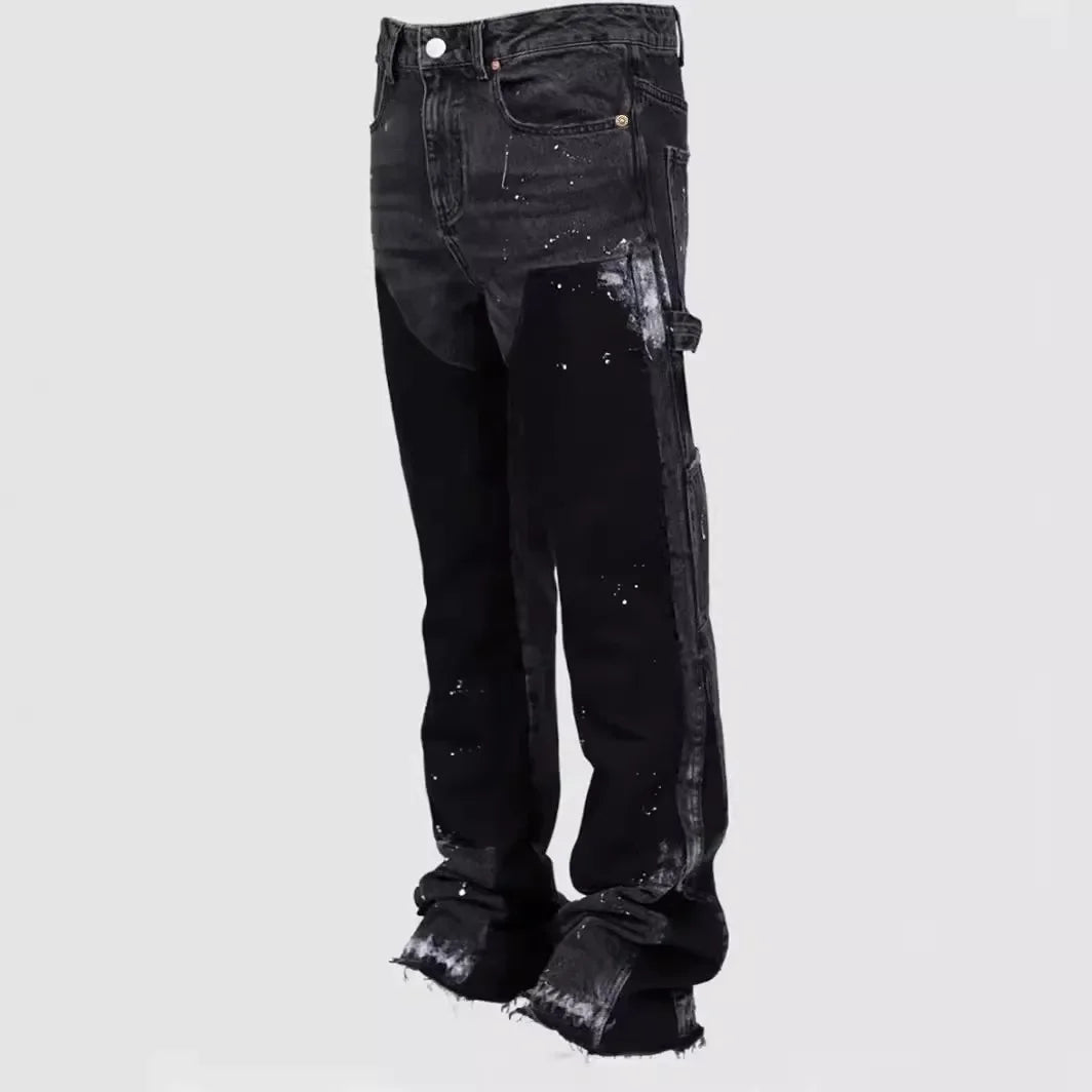 ALLUKASA 2025 Men's Fashion Jeans Work Pants European and American Fashion Workwear Elastic Patchwork Denim Layered Flared Pants