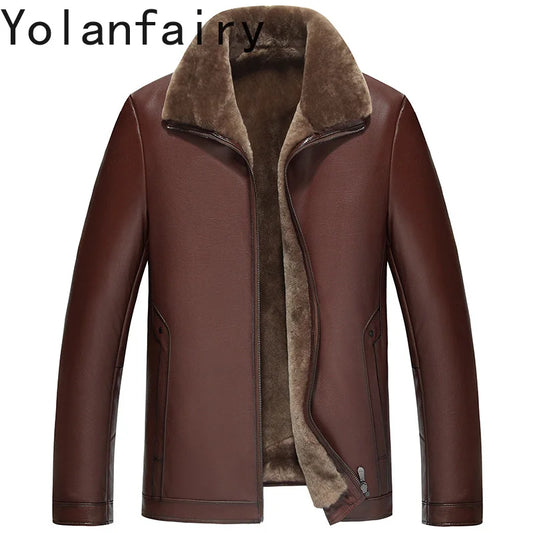 YOLAN FAIRY High Quality Real Goatskin Leather Jackets Man Winter Wool Lining Fur Coat Short Lapel Genuine Leather Jacket Men