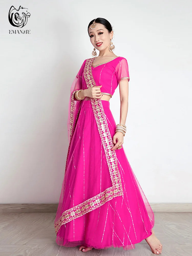 Exotic Indian Dance Costume Ethnic Style Women's Bollywood Belly Dance Dress Sari Top Large Swing Skirt  Set