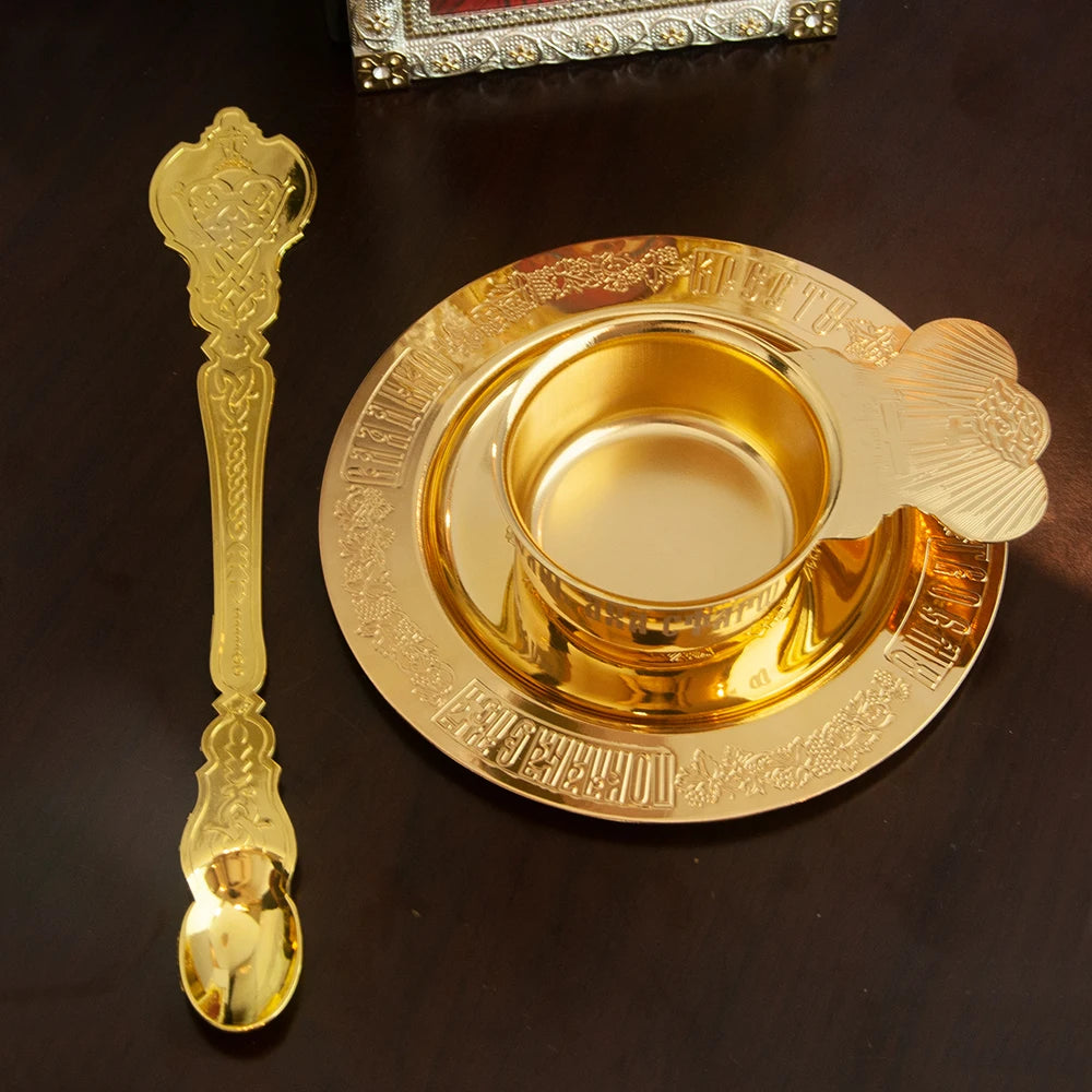 HTISOK New 2026 Eastern Orthodox Holy Oil Ritual Supplies Gold Plated Metal Utensils Corpus Christi Plates Mass Supplies SetGift