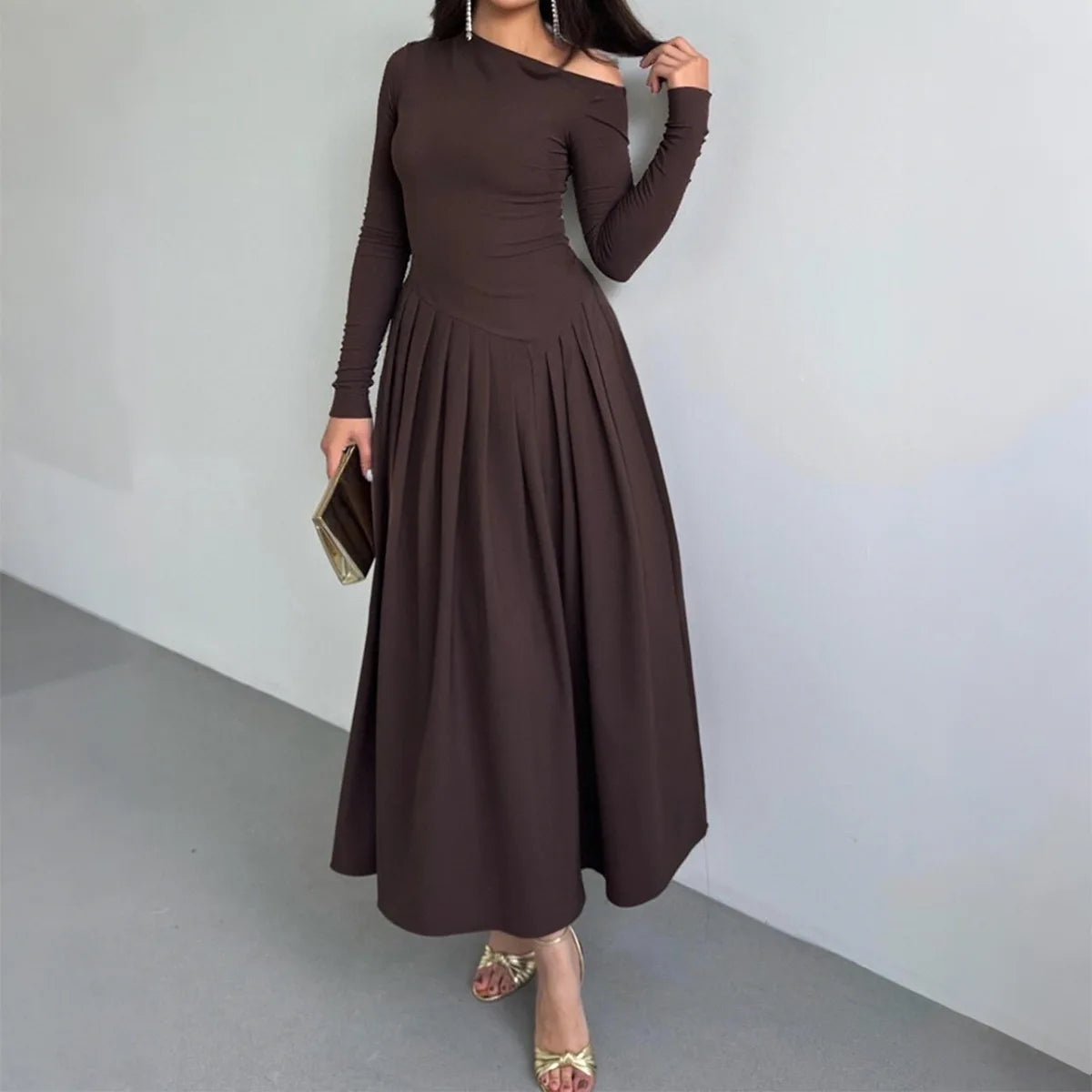 Elegant High Waist Long Sleeve Long Skirt Dress Women's Autumn and Winter 2025