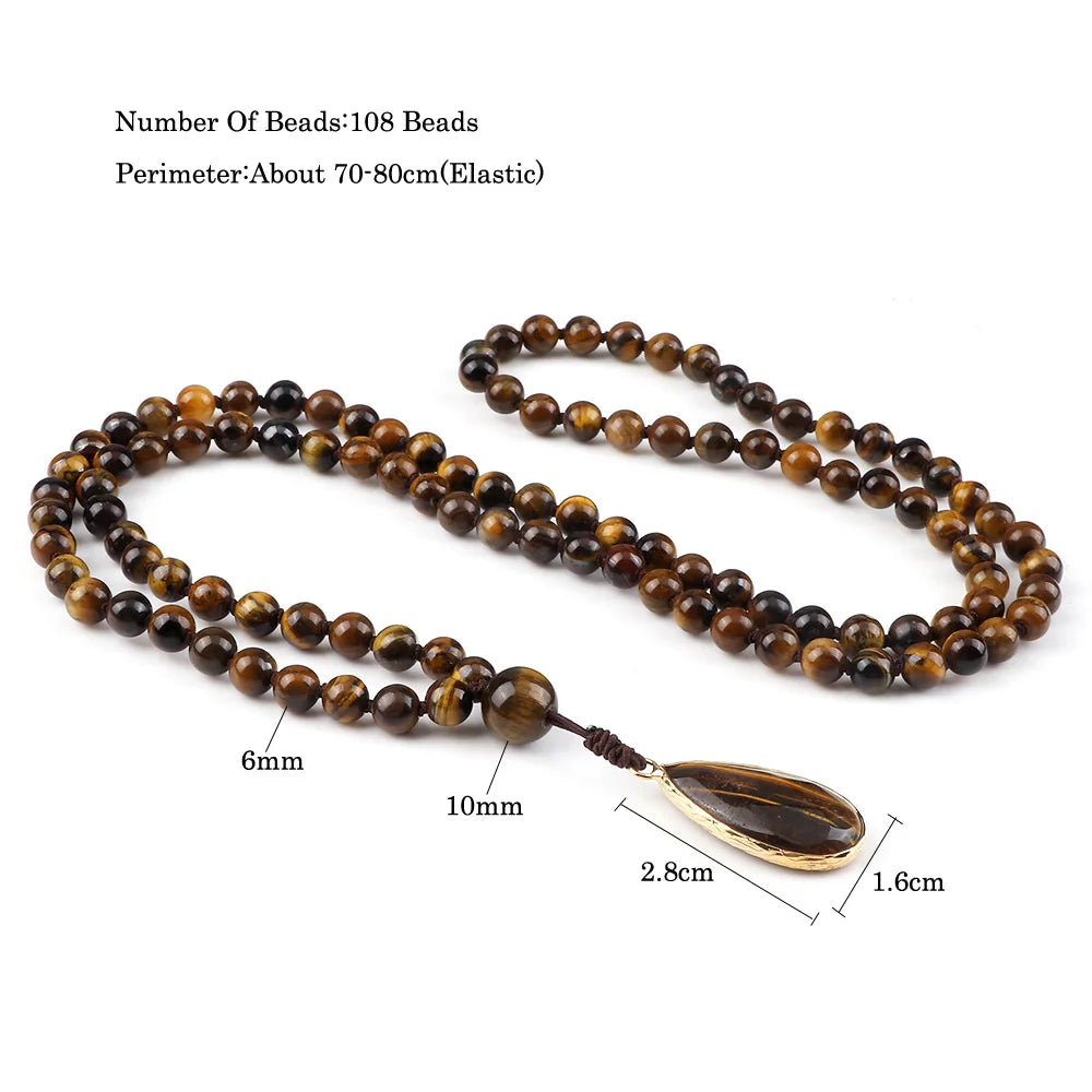 Men 108 Mala Beads Necklaces 6mm Natural Tiger Eye Stone Onyx Beads Prayer Necklace Drop Pendant Women Yoga Jewelry Gift