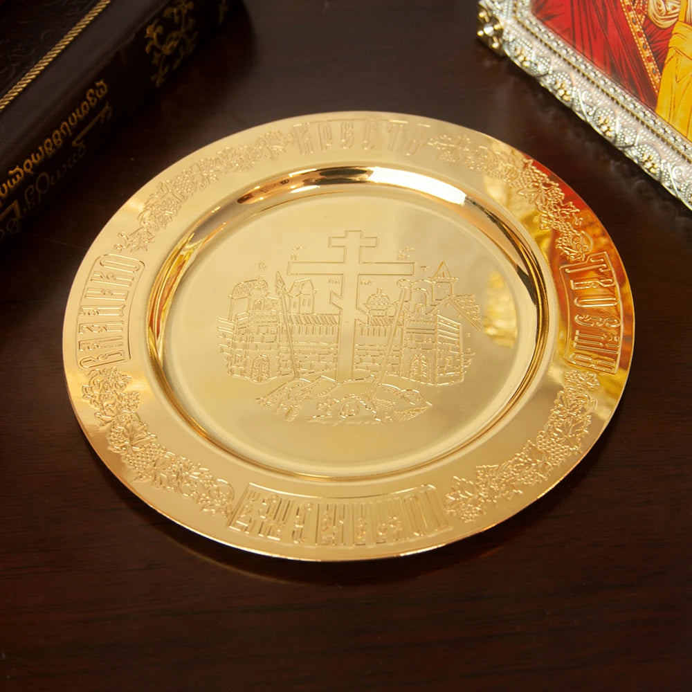 HTISOK New 2026 Eastern Orthodox Holy Oil Ritual Supplies Gold Plated Metal Utensils Corpus Christi Plates Mass Supplies SetGift